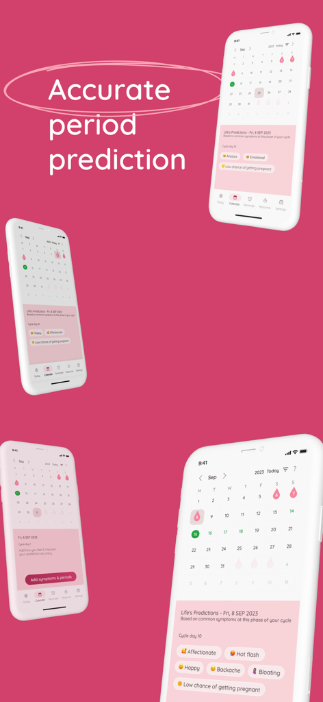 Life Period Tracker app displaying accurate cycle predictions and calendar views with symptom tracking