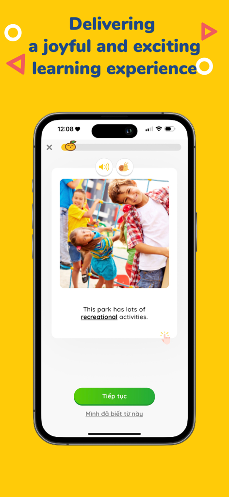 MochiVocab app interface showing an English vocabulary flashcard with an example sentence and image