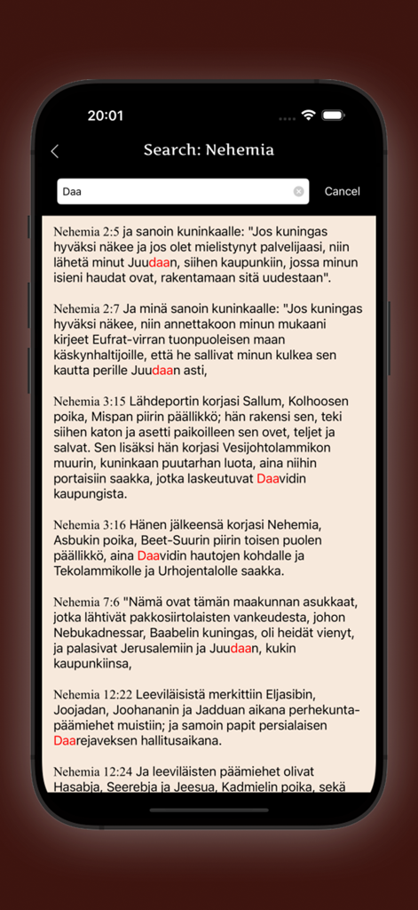 Search results interface in the Finnish Bible app showing verses from the book of Nehemia with highlighted text