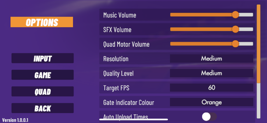 Options menu in the VelociDrone mobile app showing audio sliders and graphics quality settings