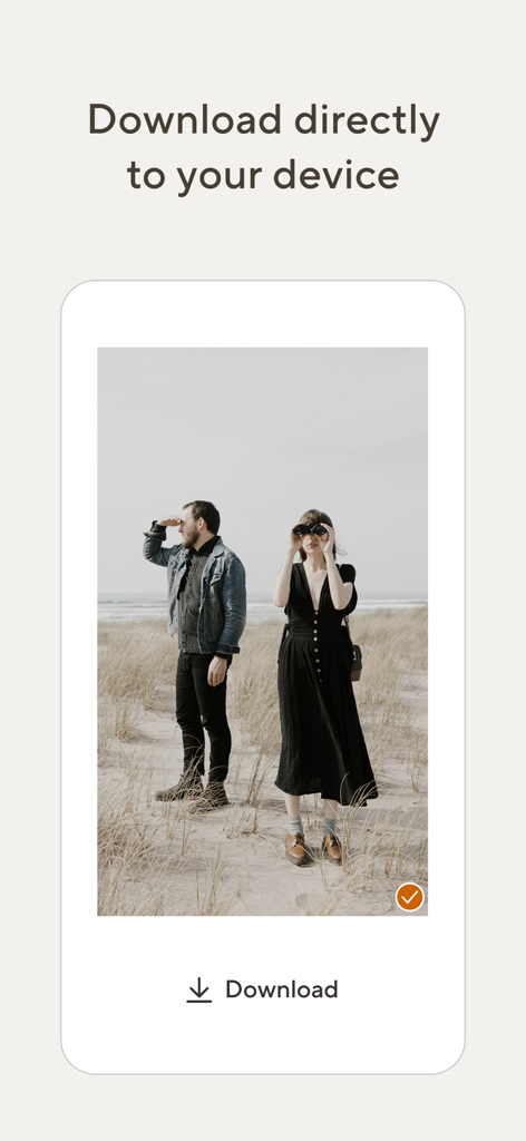 Pic-Time - Captura de tela do aplicativo Pic-Time mostrando uma interface para baixar fotos profissionais diretamente para um dispositivo móvel