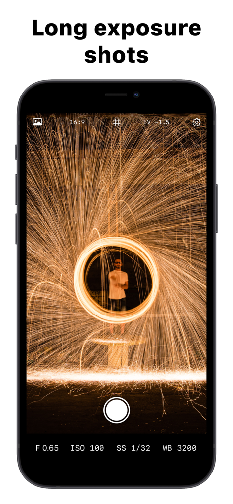 iPhone manual camera app displaying long exposure light painting with adjustable shutter speed and ISO settings