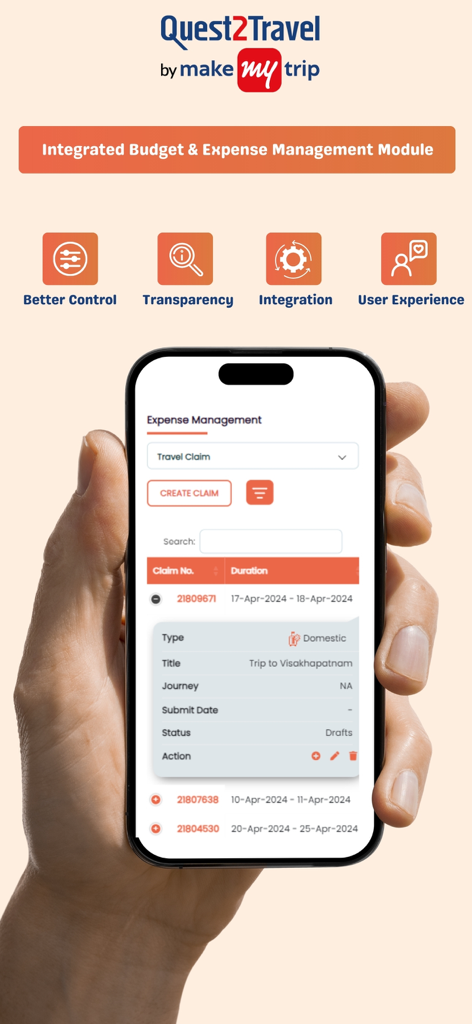 Quest2Travel mobile app showing integrated budget and expense management interface with claim details