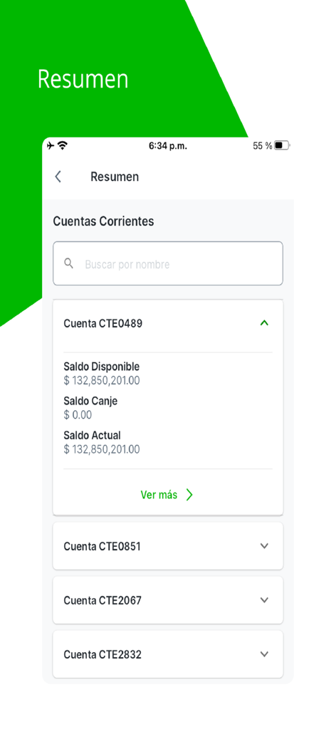 Banco Popular Empresas - Mobile screen of the Banco Popular Empresas app showing a summary of business checking accounts and available balances.