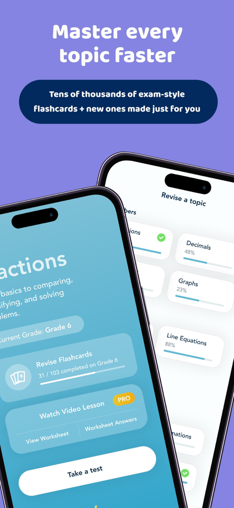 Flash Learning - Flash Learning app interface showing personalized math revision topics and progress tracking bars for decimals and graphs