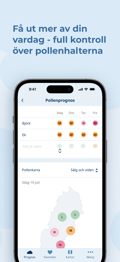 Klart - Väder - Klart weather app pollen forecast screen showing birch and oak levels across Sweden