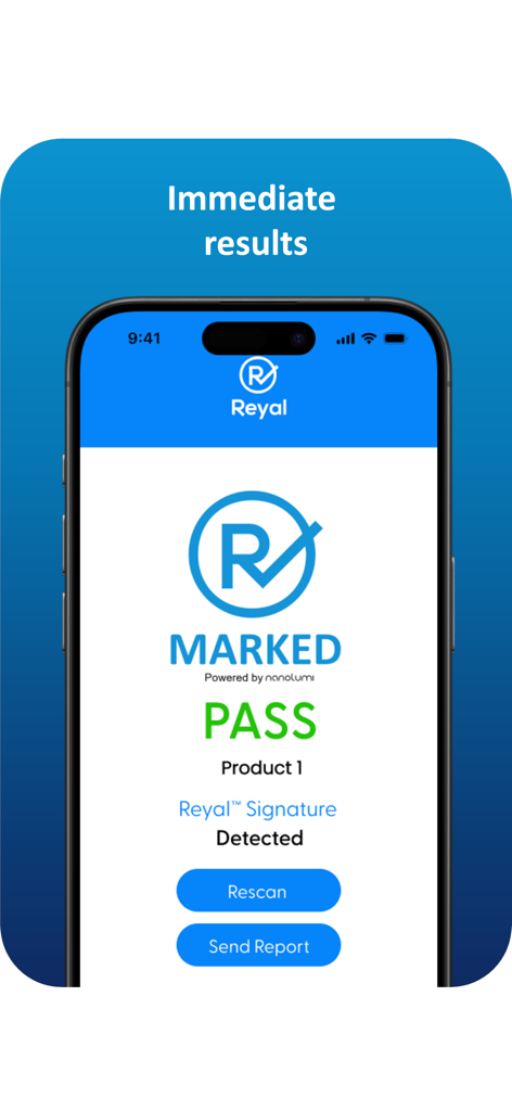 Reyal - Reyal app screen showing a successful product authentication pass result with the message Reyal Signature Detected