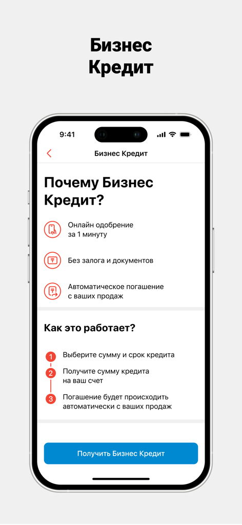 Kaspi Pay mobile app screen showing business credit benefits and application steps in Russian