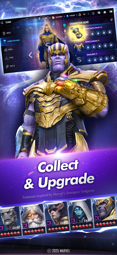 Marvel Future Fight Charakter-Ausrüstungs- und Upgrade-Oberfläche mit Thanos und Sentry