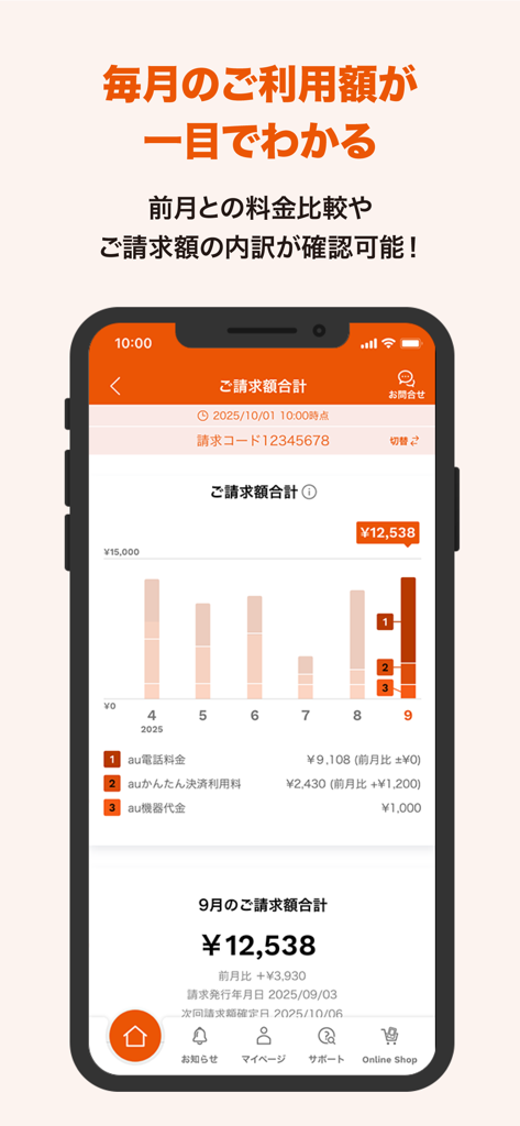 A mobile screen from the My au app displaying a monthly billing breakdown and historical usage bar chart.