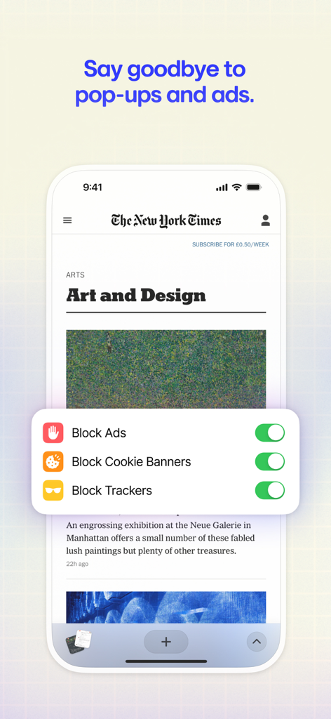 Arc Search mobile app interface showing toggle switches for blocking ads, cookie banners, and trackers.