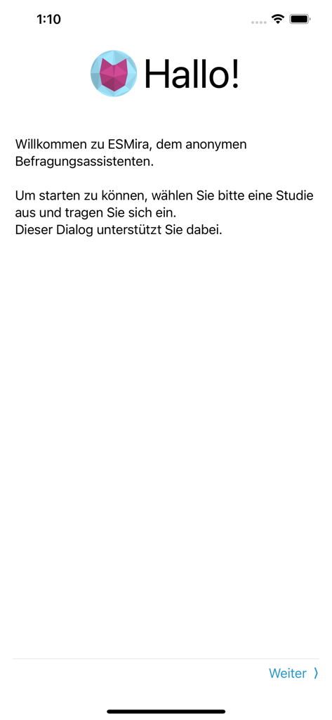ESMira - Onboarding-Begrüßungsbildschirm für die anonyme Forschungsanwendung ESMira