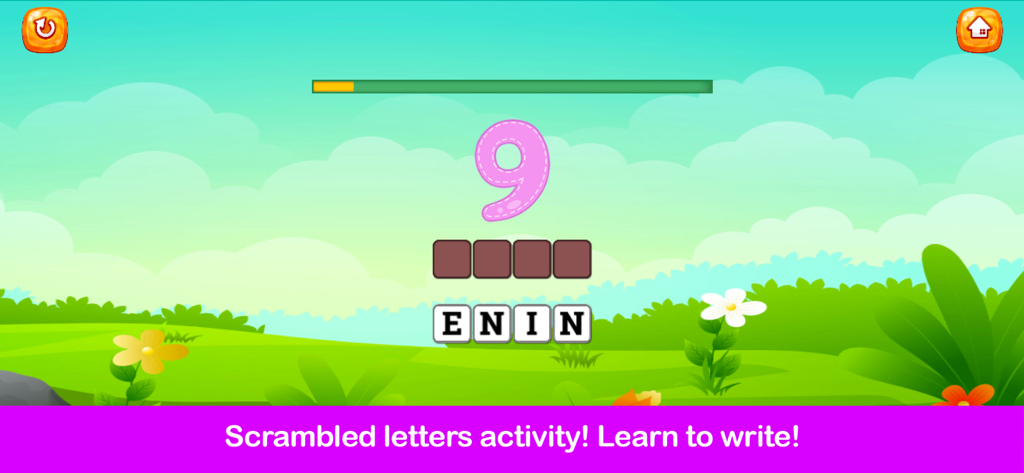 Learn Letters & Numbers - Educational scrambled letters activity for spelling the word nine in the Learn Letters and Numbers app
