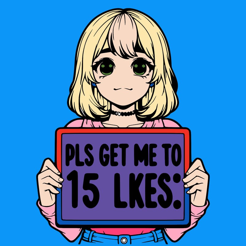 realistic girl holding up a sign that says “pls get me to 15 likes!”