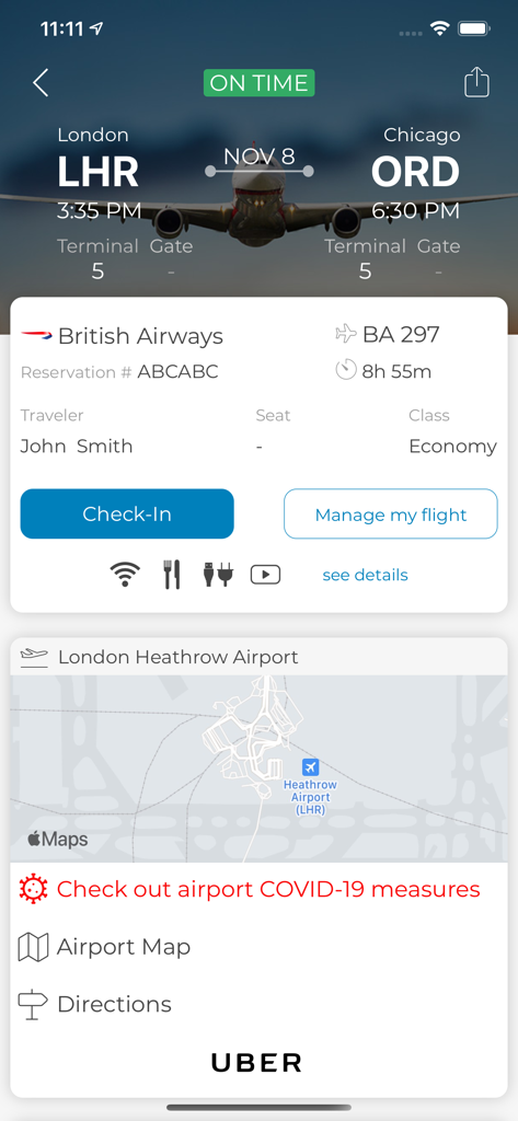 Wings Travel Mobile flight itinerary screen showing British Airways flight details and airport map