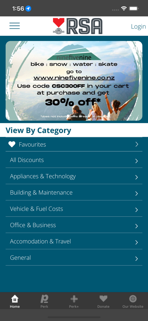 RSA Club Card app home screen showing discount categories and a featured member offer