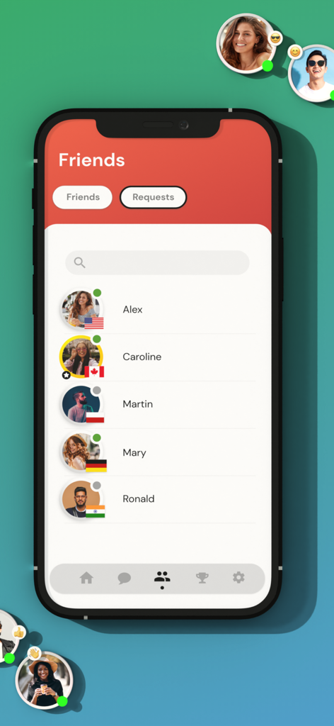 Backgammon Pro Online - Schermata dell'app mobile che mostra un elenco di amici con bandiere globali nella community di Backgammon Pro Online