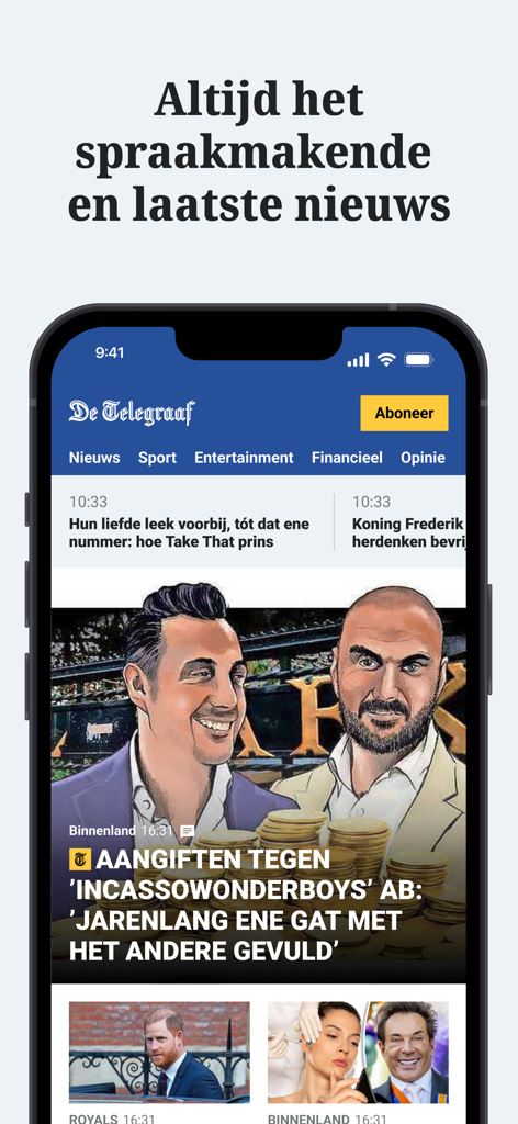 Aplicación móvil De Telegraaf que muestra los últimos titulares de noticias holandesas y navegación por categorías