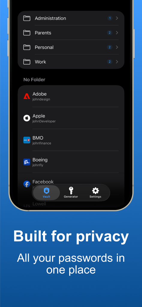The main vault interface of the Secret app showing organized password folders and login entries.