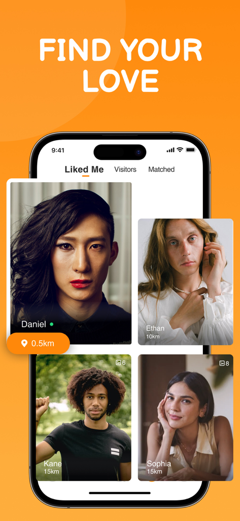 Transgender Dating: IC - Interfaz móvil de la app TransFun mostrando una sección Me Gustó con tarjetas de perfiles diversos y el titular Encuentra Tu Amor sobre un fondo naranja.