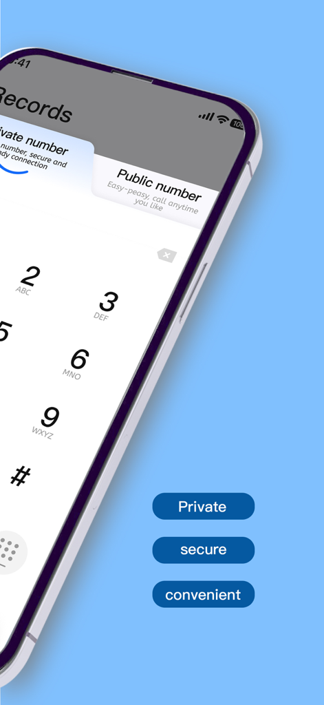 Skycaller:Unlimited Call&Text - Skycaller smartphone interface showing private and public phone number selection with a keypad dialer and features like private secure and convenient.