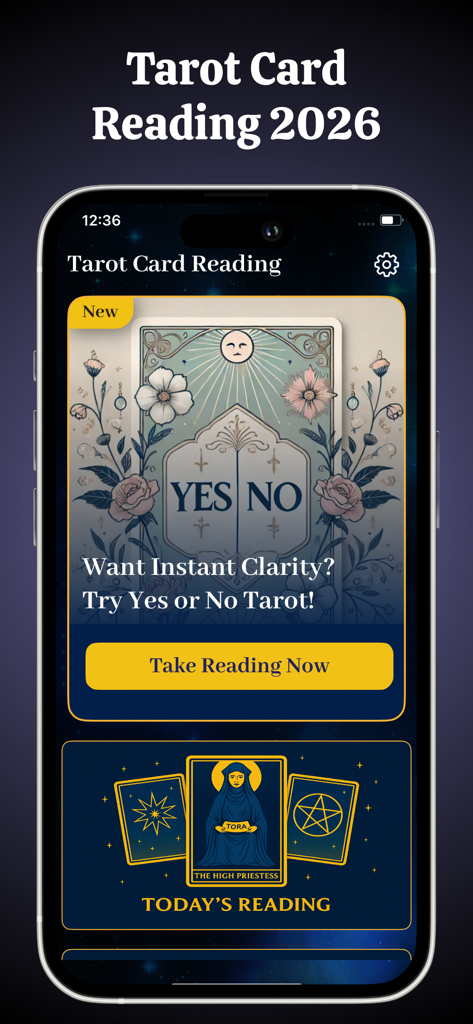Tarot Card Reading app home screen featuring Yes or No readings and Today's Reading section.