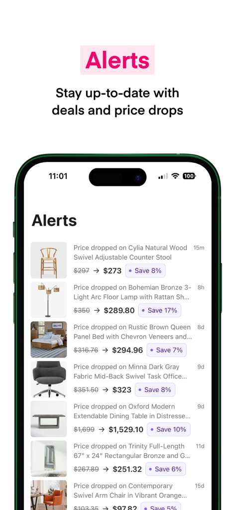 Spoken.io: Save and Explore - Pantalla de Alertas de la app Spoken mostrando bajadas de precio para muebles y decoración del hogar.