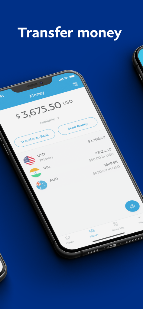 PayPal Business App-Oberfläche mit verfügbarem Guthaben und Optionen zum Überweisen von Geldern oder Senden von Geld.