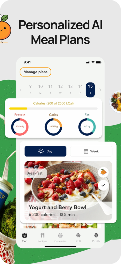 MealMatch AI: Meal Planner - MealMatch AI app interface showing a personalized meal plan with calorie tracking and macronutrient breakdown for a breakfast bowl