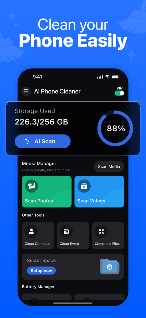 Una captura de pantalla de la interfaz de la aplicación Cleaner for iPhone que muestra la capacidad de almacenamiento y las opciones de escaneo de IA.
