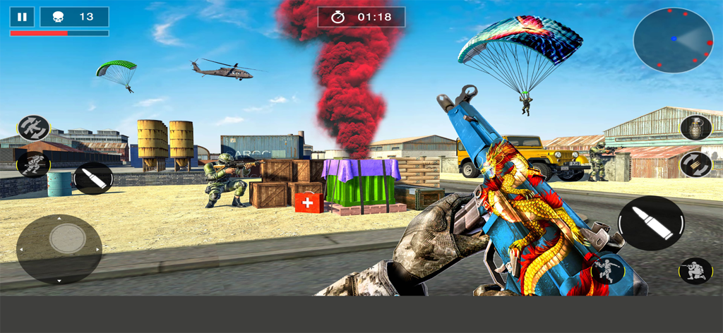 Modern Ops : Fps Games - First person perspective of a soldier holding a dragon themed gun in a battlefield with paratroopers and supply crates