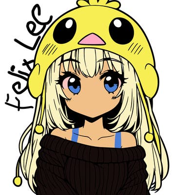 anime girl with chick shaped hat with sweater with bare shoulders with bangs covering them one eye with low tail
