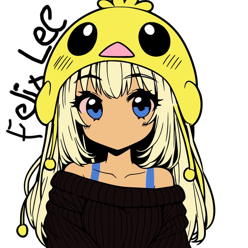 anime girl with chick shaped hat with sweater with bare shoulders with bangs covering them one eye with low tail