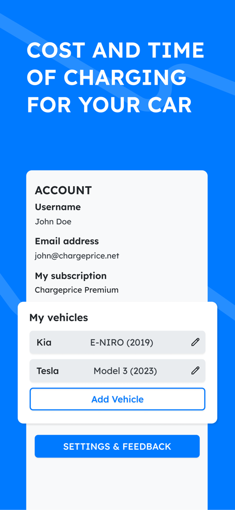 Chargeprice app account screen showing user profile details and a list of registered electric vehicles including a Tesla and a Kia