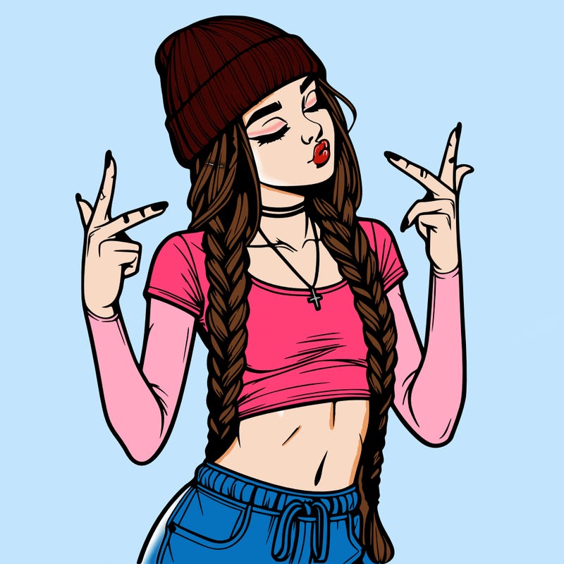 realistic teenage girl with braids and a beanie and crop top doing 🫶🏼