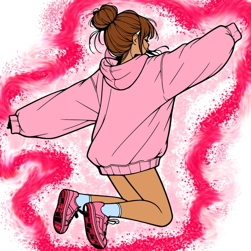 realistic girl jumping with a bun and oversized sweatshirt