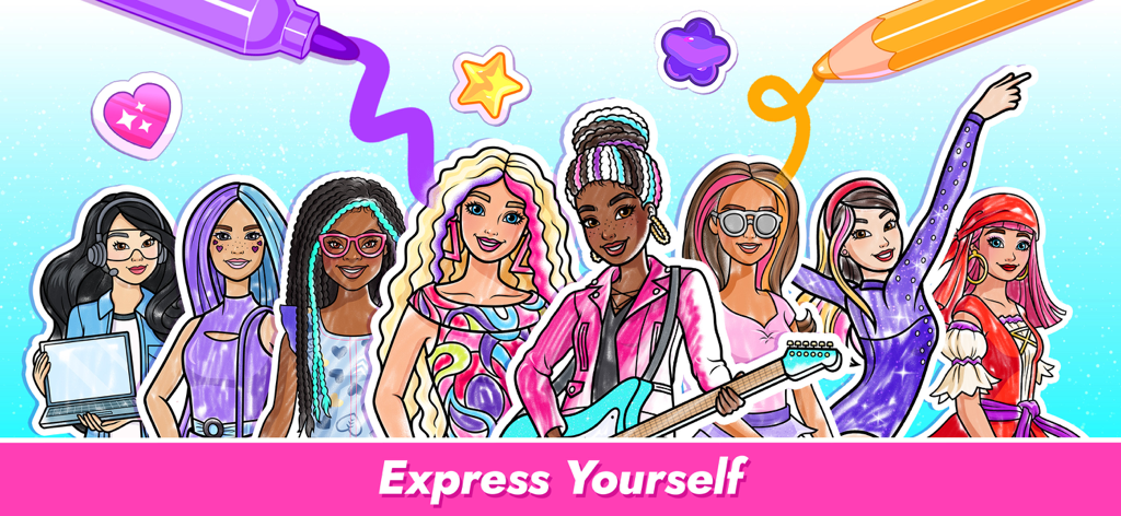 Barbie Color Creations - Um grupo de personagens Barbie diversas com ferramentas de colorir e o texto Expresse-se