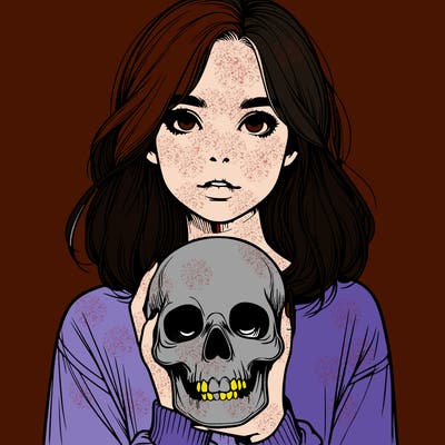 realistic girl holding a skull