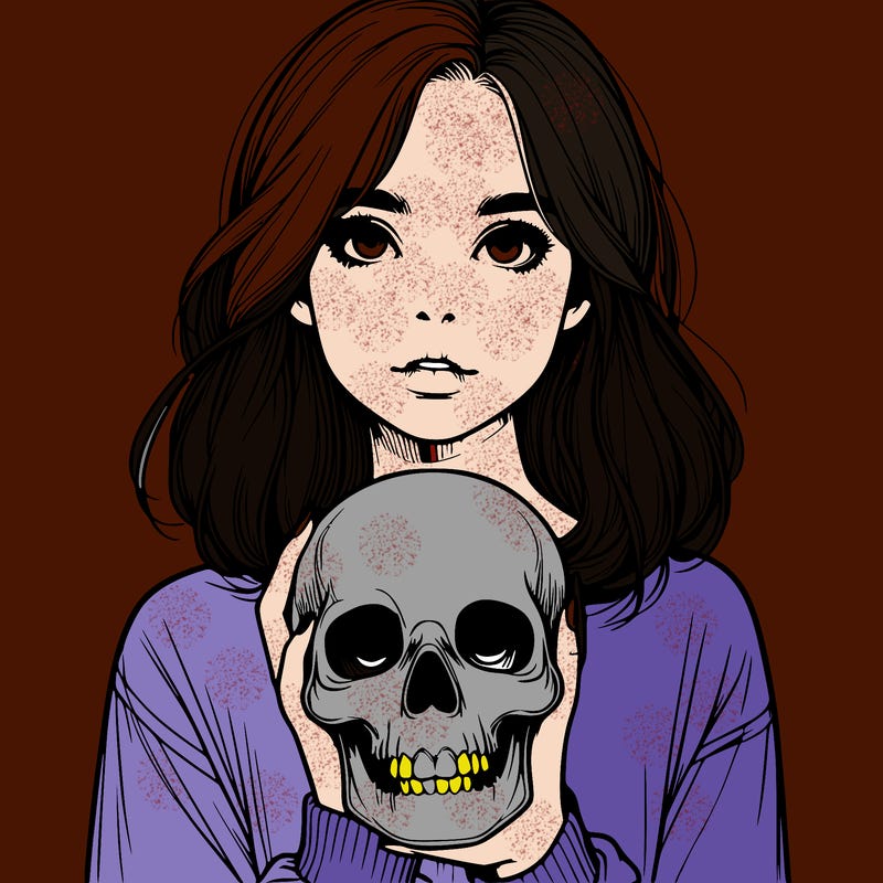 realistic girl holding a skull