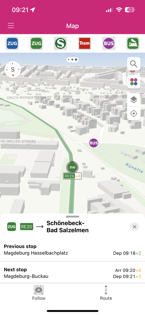 INSA mobile App-Oberfläche mit einer Live-Nahverkehrskarte mit Echtzeit-Zugverfolgung und Ankunftsinformationen