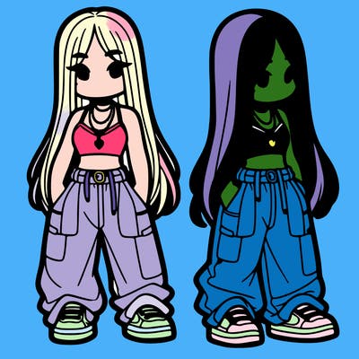 girl in baggy pants crop top and long hair