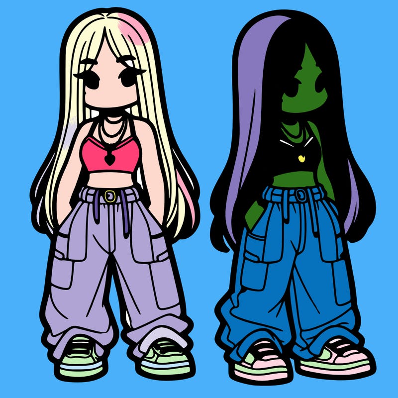 girl in baggy pants crop top and long hair