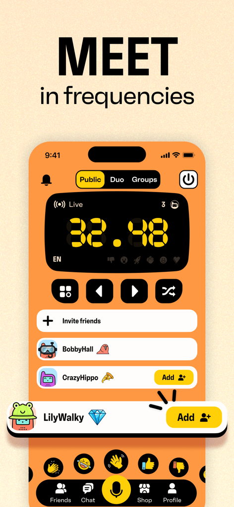 Walkie Talkie app interface showing public audio frequencies and a list of people to connect with