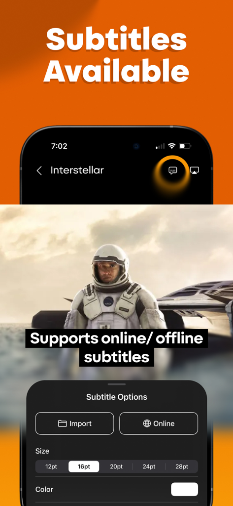 Interface d'application mobile montrant les paramètres de personnalisation et d'importation des sous-titres pour la lecture vidéo