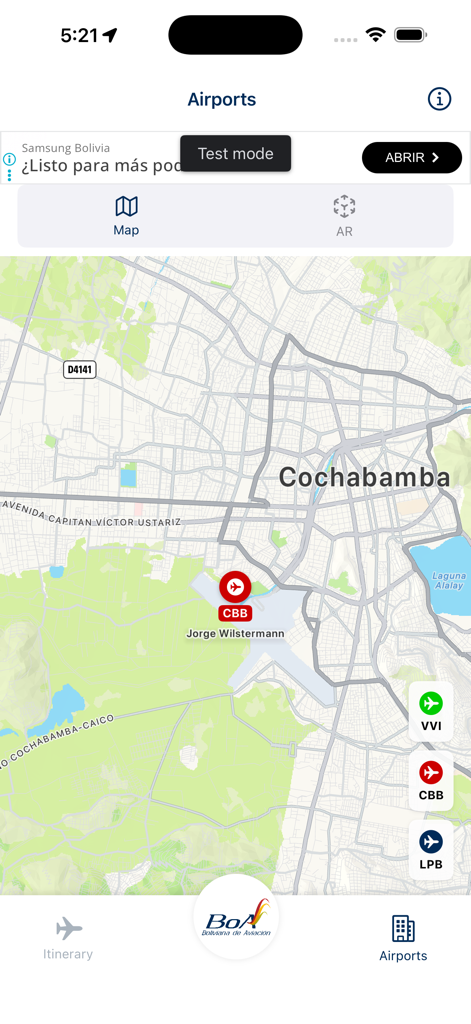 BoA - Vista de mapa del aeropuerto de Cochabamba en la aplicación móvil de BoA