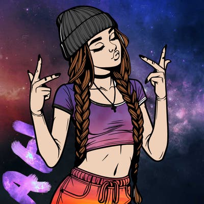 realistic teenage girl with braids and a beanie and crop top doing 🫶🏼