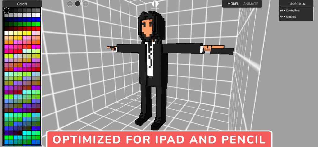 Ein 3D-Voxel-Charakter in der Animatoon-App-Oberfläche, die Modellierungswerkzeuge und eine Farbpalette zeigt.
