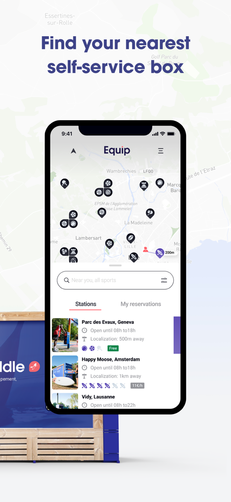 Equip Sport - Interfaccia mappa dell'app Equip Sport che mostra le stazioni di noleggio attrezzatura sportiva in loco nelle vicinanze.