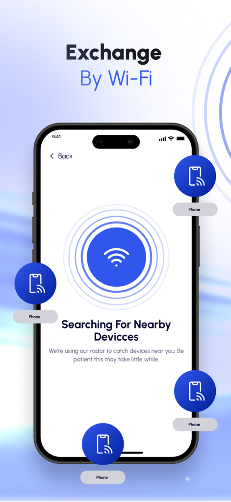 Сopy My Data: Share & Transfer - Interfaz de aplicación móvil buscando dispositivos cercanos para transferir datos a través de Wi-Fi