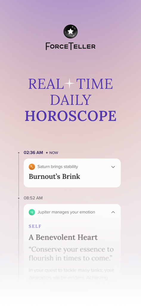 FORCETELLER - Astra Horoscope - Forcetellerアプリで惑星の洞察と感情のウェルネスカードを表示するリアルタイムの毎日の星占いタイムライン